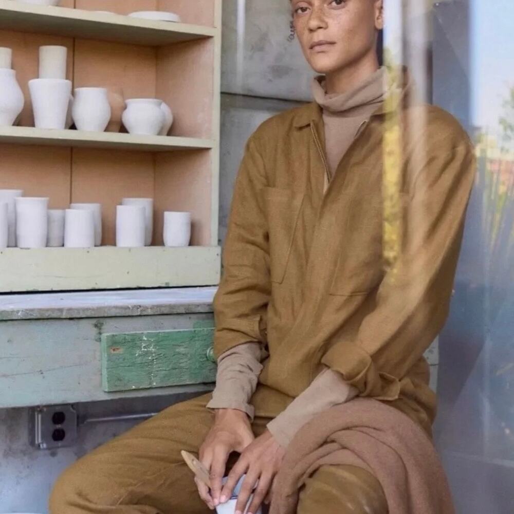 Ozma of California Eva Ochre Laundered Linen Women's Workwear Jumpsuit Size XS